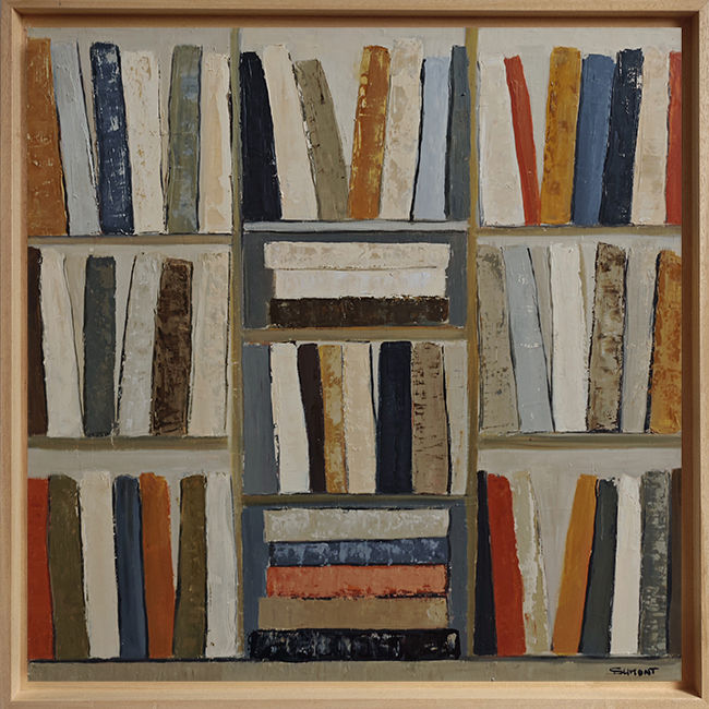 Trames de lecture avec cadre bois, oeuvre à l'huile sur le theme des bibliotheques abstraites de Sophie dumont