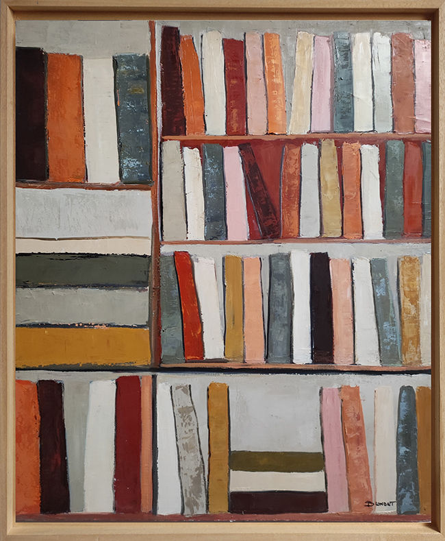 Bibliotheque Sepia, avec cadre bois, tableau d'une bibliotheque stylisée à l'huile sur toile de Sophie Dumont
