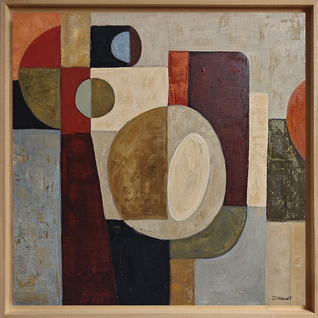 Thumbnail: Totem avec cadre bois naturel, peinture abstraite géométrique contemporaine de Sophie Dumont