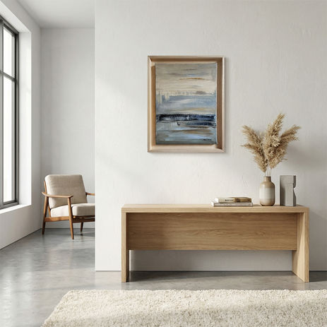 Peinture abstraite à l’huile de Sophie Dumont représentant des strates horizontales aux tons gris, bleus et blancs, évoquant un paysage intérieur minimaliste.