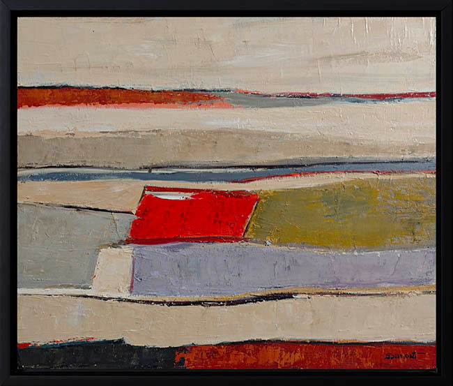 Faille interieure encadré en noir, tableau d'un paysage abstrait beige et rouge de Sophie Dumont