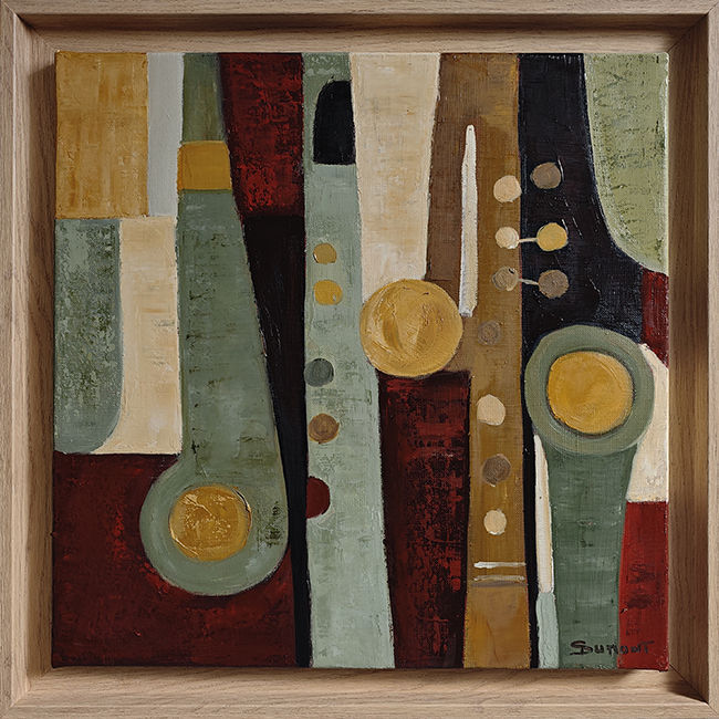 Thumbnail: Partition - toile géométrique de Sophie Dumont représentant une composition  de formes colorées vert sauge, ocre, blanc