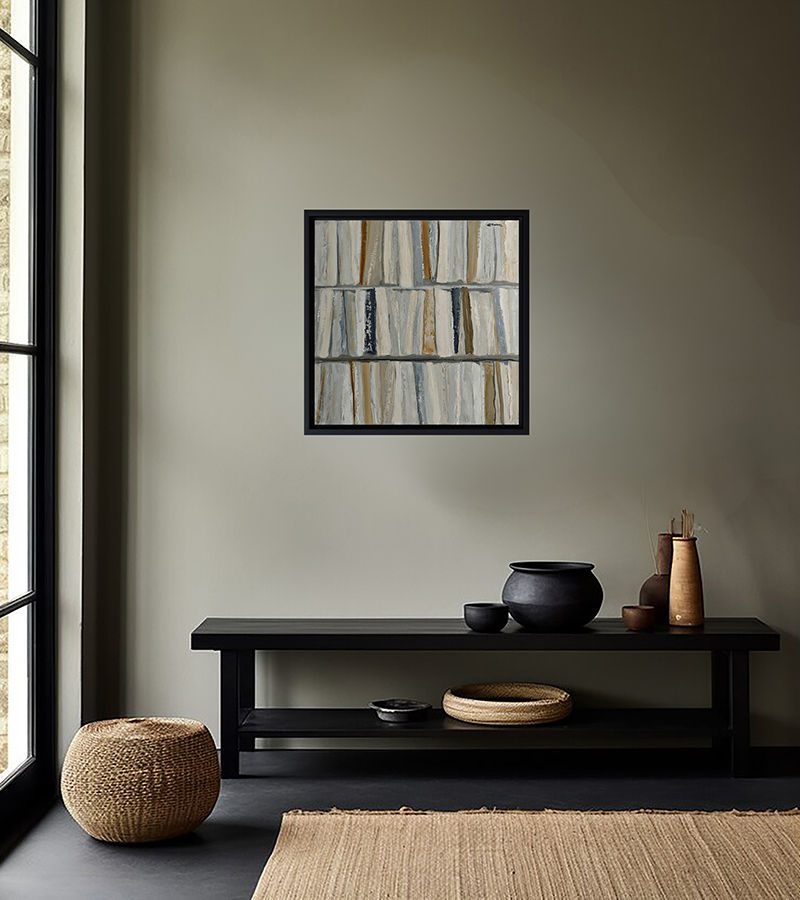 Thumbnail: "Ecru" en situation, peinture abstraite dans les tons ocre et gris de Sophie Dumont