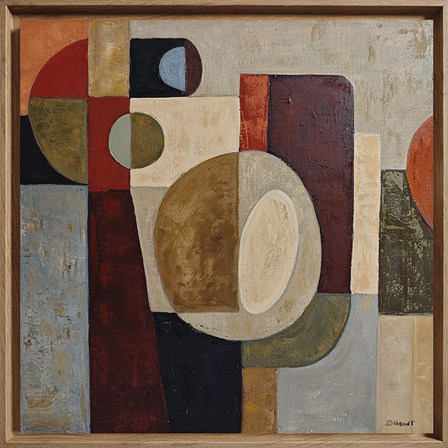 Totem avec cadre chêne, peinture abstraite géométrique contemporaine de Sophie Dumont