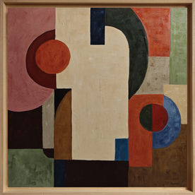Attraction, geometric abstract oil on canvas by Sophie Dumont, 100 × 100 cm, 2026. Original work with architectural forms and deep colors.