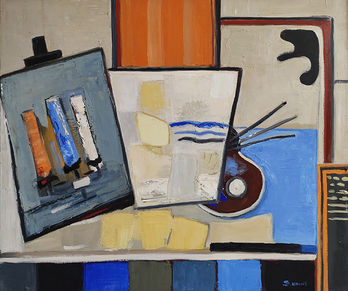 "In the Studio" is a striking exploration of the artist's workspace, where the tools of creation are celebrated as subjects in their own right. Sophie Dumont captures the essence of the creative process through a carefully structured composition, where each element—an easel, brushes, a palette, and sheets of paper—occupies a significant place in the painting.

The painting is rich in texture and color, illustrating Dumont's mastery of the palette knife. The use of bold geometric shapes and a restrained yet vibrant color palette creates a sense of order and balance, while maintaining an underlying energy that reflects the spontaneity of artistic creation. The contrast between warm and cool tones—such as vibrant blues and oranges—heightens the visual tension, drawing the viewer's eye across the canvas.

The choice of still life in an abstract form suggests a meditation on the artist's relationship with her tools. The objects, rendered with a certain rigidity but infused with life through the use of color and texture, seem to invite the viewer into the artist’s intimate space. The fragmented depiction of the scene evokes the layers of thought and emotion that fuel the creative process, making this painting both a reflection and an embodiment of artistic practice.

“In the Studio” is much more than a simple depiction of objects; it is a narrative about creation itself. Sophie Dumont’s ability to transform the ordinary into the extraordinary is fully demonstrated here, offering viewers a glimpse into the artist’s world through a prism that is both introspective and expressive. This work is a testament to Dumont’s ability to capture the soul of the artist’s environment, making it a piece that resonates on multiple levels with anyone who has experienced the joys and challenges of creation.