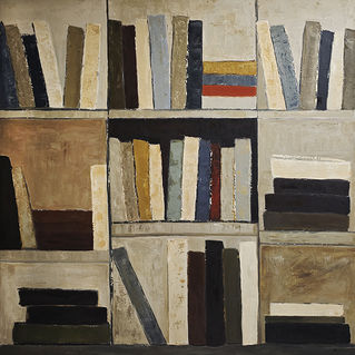 Peinture abstraite de Sophie Dumont représentant une bibliothèque stylisée, avec des livres suggérés par des formes verticales dans une composition structurée. Huile sur toile 120 x 120 cm, palette de beiges, gris, ocres et rouges.