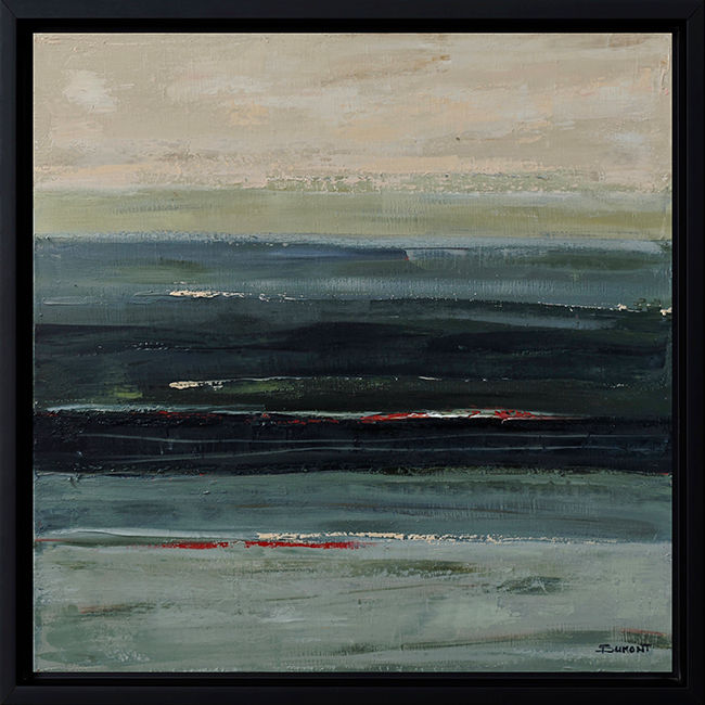 Miniature : Marée d'emeraude encadré, paysage de bord de mer dans des variantes de verts et d'ocre. Huile sur toile de Sophie Dumont