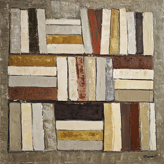 Quiet Structure, peinture abstraite de bibliothèque par Sophie Dumont, huile sur toile 50 x 50 cm, tons beiges, ocres et bruns, composition structurée avec livres stylisés, cadre bois chêne