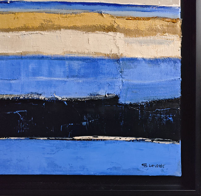 Miniature : Sous le Vent – Peinture abstraite aux tons bleus et ocres, avec collage discret et textures. Œuvre originale de Sophie Dumont