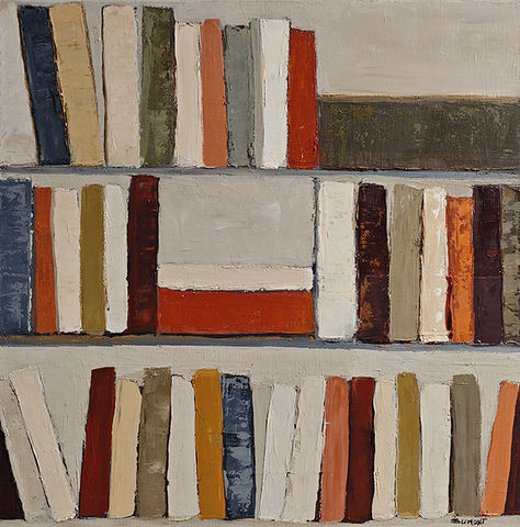 Peinture abstraite représentant des livres sur trois niveaux d’étagères. Les formes rectangulaires verticales évoquent des reliures aux couleurs sobres : blanc cassé, rouille, brun, beige et gris bleuté. Composition ordonnée avec texture épaisse au couteau.