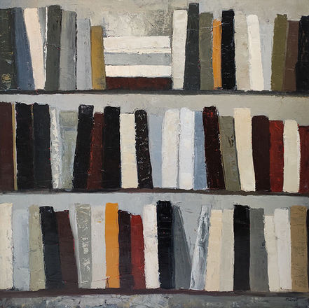 Abstract paintings depicting stylized libraries, with vertical book spines in muted tones. Sophie Dumont's iconic series explores memory and visual rhythm.


