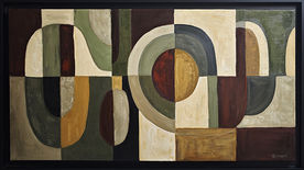 Peinture abstraite géométrique de l’artiste contemporaine française Sophie Dumont représentant des arches et formes architecturales dans des tons vert sourd, ocre, bordeaux et blanc cassé. Huile sur toile 50 x 100 cm encadrée en noir.