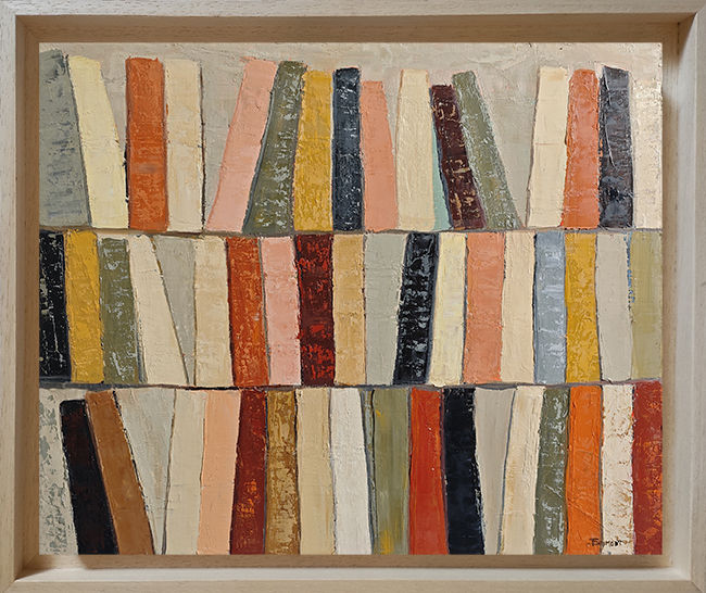 Miniature : Atelier des reliures encadré en bois, tableau d'une bibliotheque stylisée, colorée de Sophie Dumont