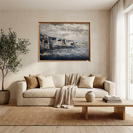 “Les Falaises Grises” is a masterful work by Sophie Dumont, created in oil on canvas and measuring 97 x 130 cm (38.2 x 51.2 in). The painting captures the majesty and quiet melancholy of a coastal landscape, where imposing cliffs dissolve into a heavy, cloud-laden sky.
The color palette, dominated by shades of grey, pale blue, and beige, creates an atmosphere that is both serene and enigmatic. Subtle touches of red introduce depth and focal points that gently disrupt the neutrality of the composition. Dumont’s technique—combining thick palette knife application with more delicate brushwork—gives the surface a rich texture and a sense of movement, as if the cliffs were emerging from morning mist.
The title, Les Falaises Grises, perfectly reflects the imposing and timeless nature of the scene. The painting invites the viewer to contemplate the raw beauty of the natural world, to feel the quiet strength of these rock formations standing against the elements. Sophie Dumont conveys a restrained yet persistent emotion, where the calm of the landscape conceals an underlying force—an enduring presence shaped by time and erosion.