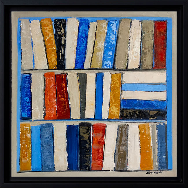 blue stories encadré en noir, tableau de livres dans une bibliotheque bleue de Sophie Dumont