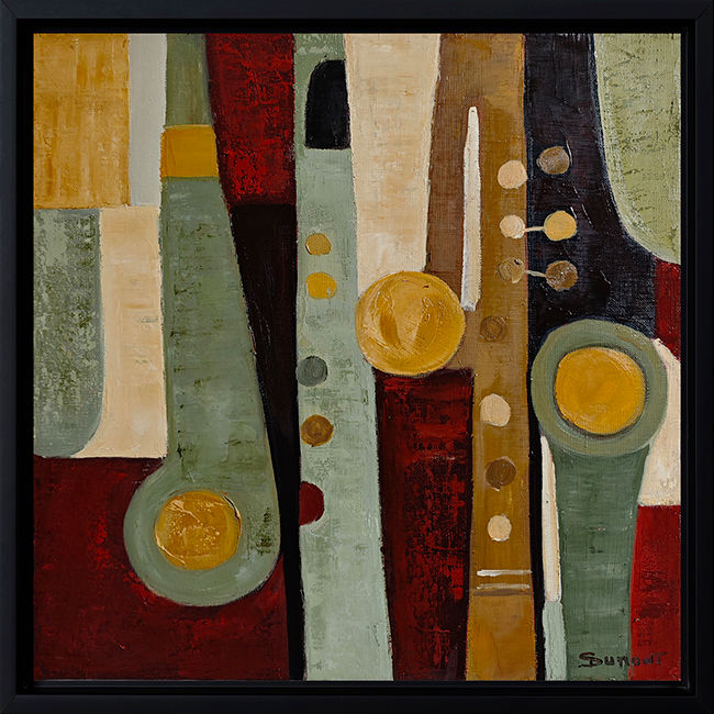 Thumbnail: Partition - toile géométrique de Sophie Dumont représentant une composition  de formes colorées vert sauge, ocre, blanc