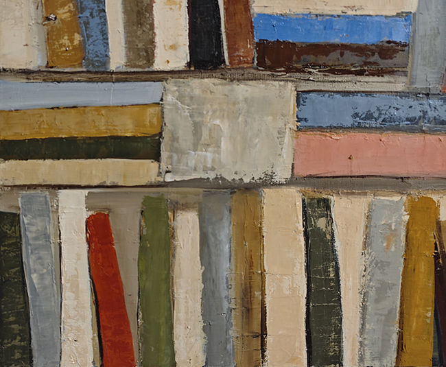 Thumbnail: Inspiration, Bibliothèque abstraite contemporaine de Sophie Dumont, huile sur toile représentant des livres stylisés