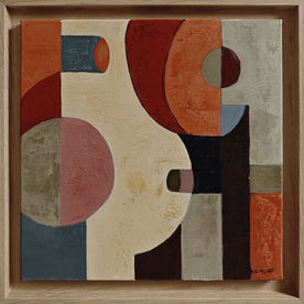 Matrix, geometric abstract oil painting by Sophie Dumont. Original artwork measuring 40 × 40 cm, framed in natural or black wood.