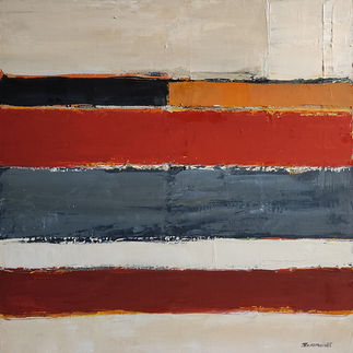 Rythme des Strates, an oil on canvas measuring 60x60 cm, stands out for its mastery of colour and geometric shapes. Sophie Dumont's work is characterised by horizontal bands, juxtaposing bright and deep shades of red, blue, black and beige. This minimalist composition evokes a kind of abstract landscape, where each colour can be interpreted as an element of nature or a fragment of a memory.

Dumont uses a knife technique that creates a rich and tactile texture, bringing the surface of the canvas to life. The thickness of the paint accentuates the contrast between the colours, revealing layers that seem both superimposed and integrated. This technical approach offers the viewer a dynamic visual experience, where the eye is guided through the painting, discovering the nuances and variations as it goes along.

The choice of colours is not insignificant. Red and orange hues evoke warmth and energy, while blues and beiges bring a note of calm and serenity. This duality creates a harmonious tension that invites contemplation. Rythme des Strates can be seen as a metaphor for contemporary landscapes, where nature and artifice mingle.

Dumont's work is part of an approach that resonates with contemporary artistic concerns, while paying homage to the abstract movements of the 20th century. By transforming seemingly simple elements into a composition that is both powerful and subtle, she pushes us to reconsider our relationship with space and color.