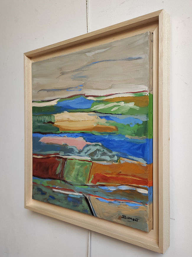 Thumbnail: "l'Eveil du printemps" vu de côté, paysage abstrait coloré à l'huile sur toile de Sophie Dumont