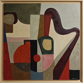Contrechant, peinture abstraite géométrique horizontale de Sophie Dumont, aux formes imbriquées dans des tonalités crème, rouge, orange, vert, brun et gris bleu.