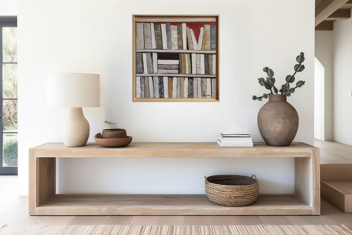 Tableau de livres dans une bibliotheque. "I read therefore I am" de Sophie Dumont