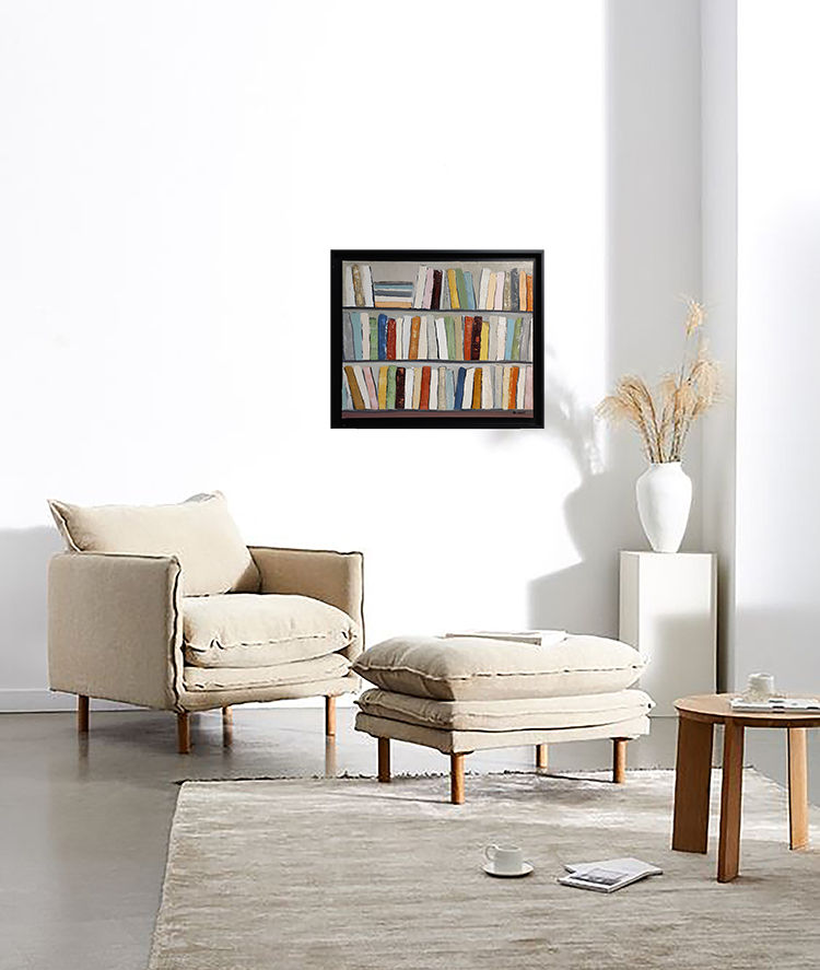 Thumbnail: litterature colorée in situ, tableau d'une bibliotheque abstraite de Sophie Dumont artiste peintre