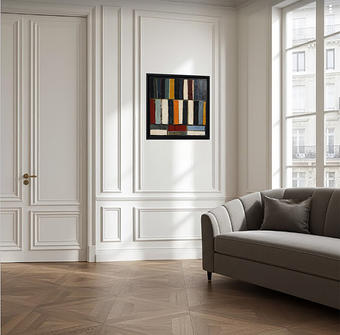 Abstract painting of a library in dark hues by Sophie Dumont