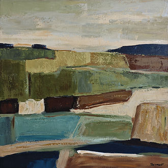 Beyond the fields, a contemporary abstract painting representing a stylized countryside landscape in greens, blues and ochres, oil on canvas by Sophie Dumont.