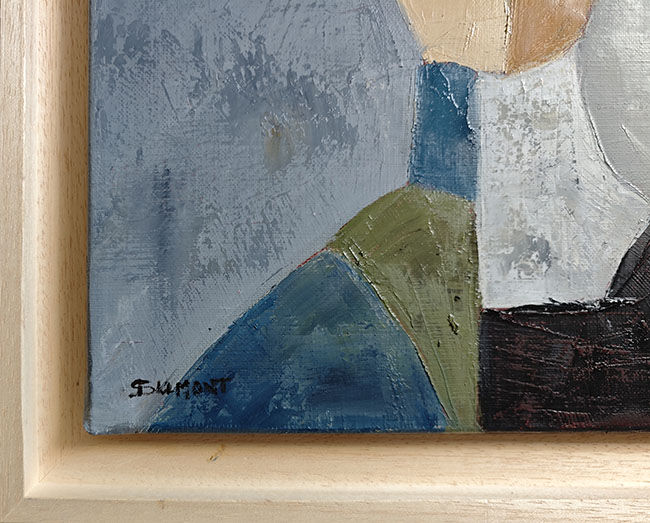 Miniature : L’air de rien de Sophie Dumont, portrait géométrique au visage crème, ocre et gris bleuté sur un fond gris clair texturé