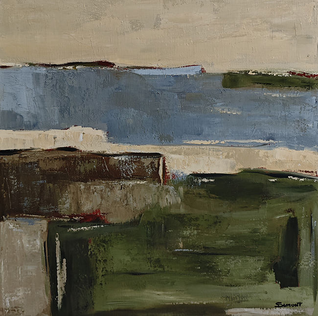 Miniature : Géographie des rives, paysage abstrait bleu, vert et brun peint à l’huile sur toile par Sophie Dumont, 50 × 50 cm.