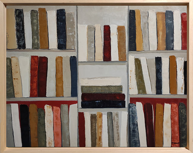 Syntaxe du livre avec cadre bois, Livres stylisés, rythmes verticaux et silences structurent l’espace, évoquant le livre