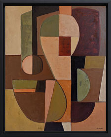 Huile sur toile de Sophie Dumont, composition abstraite géométrique structurée autour d’un axe central, formes imbriquées en tons ocres, verts, beiges et rouges, contrastes équilibrés et surface texturée, œuvre contemporaine encadrée.