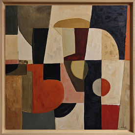 Peinture abstraite géométrique de Sophie Dumont, composée de formes architecturées en tons beiges, ocres, noirs et rouges, avec une texture riche et des couches visibles.