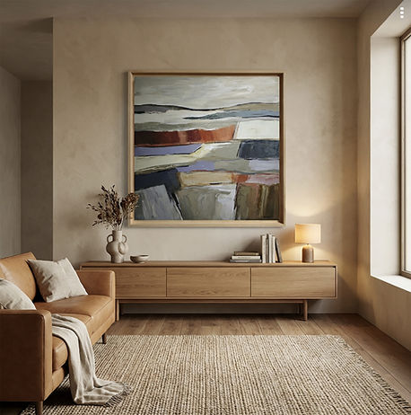 Strates en suspens, huile sur toile de Sophie Dumont, 100 × 100 cm, paysage abstrait composé de strates horizontales superposées, palette de gris, terres et bleus sourds, matière dense et atmosphère silencieuse.