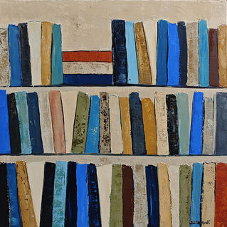 Peinture à l’huile contemporaine de Sophie Dumont intitulée Éloge de la Lecture, représentant une bibliothèque stylisée aux tons bleus, ocres et beiges, réalisée au couteau dans une composition équilibrée et lumineuse.