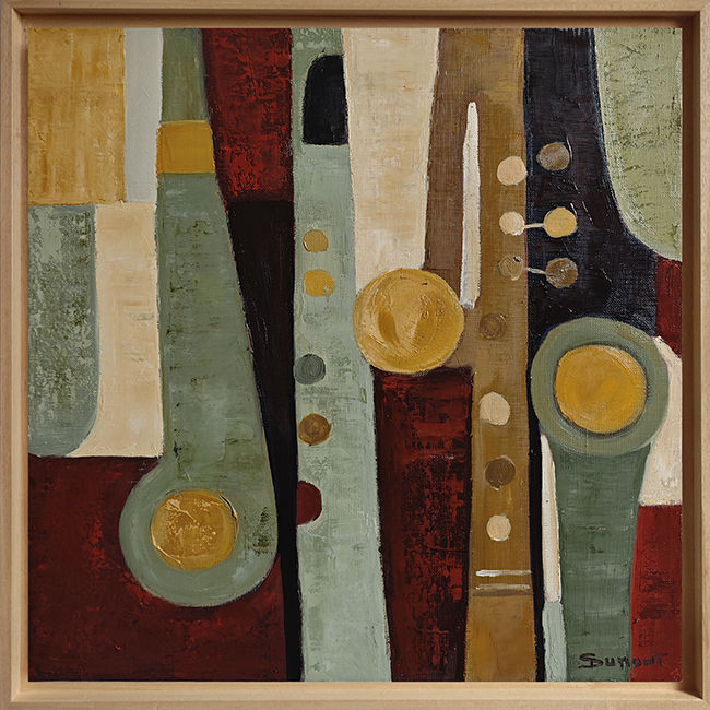 Partition - toile géométrique de Sophie Dumont représentant une composition de formes colorées vert sauge, ocre, blanc
