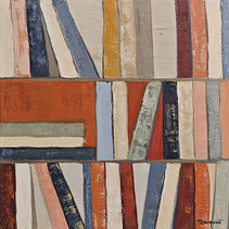 Dans Cadence des Livres, l’artiste propose une interprétation structurée et vibrante de la bibliothèque, motif récurrent dans son travail.