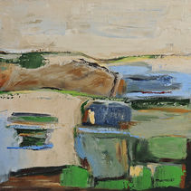 Tableau Lumière des Collines de Sophie Dumont, huile sur toile de 40 x 40 cm.
Paysage abstrait stylisé aux tons verts, bleus et ocres, évoquant les collines baignées de lumière.