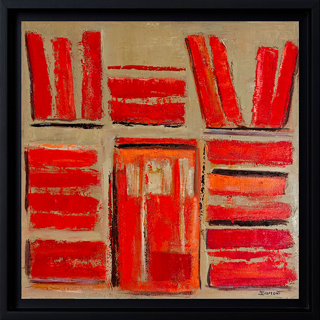 "Les reliures rouges" encadré en noir, tableau d'une bibliotheque abstraite rouge de Sophie Dumont