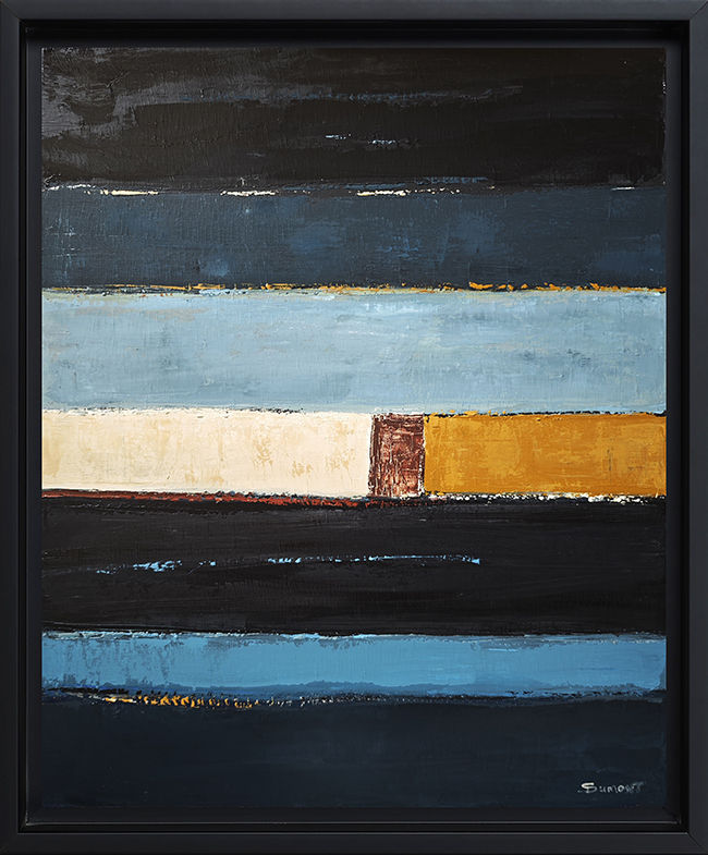 Paysage de l'âme encadré en noir, oeuvre d'art abstraite noire, bleu turquoise et ocre de Sophie Dumont