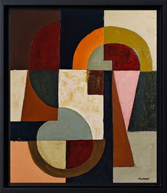 Dans cette composition, Sophie Dumont explore le dialogue entre formes courbes et structures géométriques, construisant une véritable architecture visuelle où équilibre et tension coexistent. Un axe vertical sombre organise l’espace, tandis qu’une palette de terres chaudes — rouges profonds, ocres, verts sourds et tons neutres — se déploie en interactions subtiles.