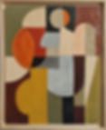 Presence fragmentée cadre bois, Peinture abstraite géométrique de Sophie Dumont composée de formes arrondies et verticales