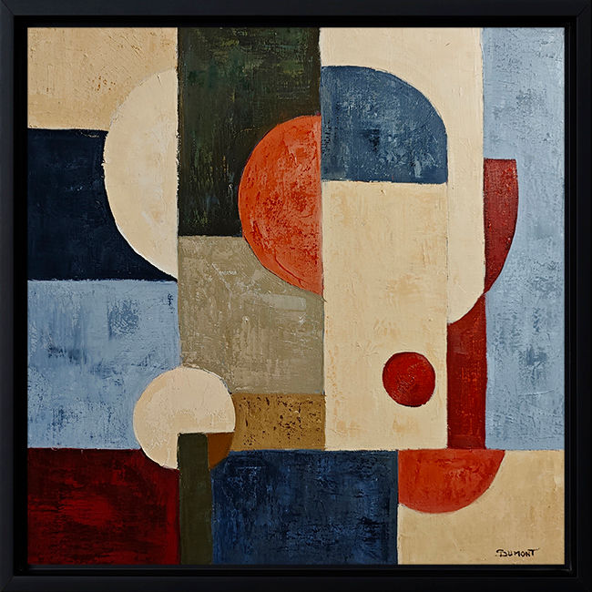Interférence encadré en noir de Sophie Dumont : huile sur toile de 50 × 50 cm