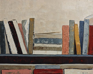 « Composition Littéraire », huile sur toile 50 x 61 cm (57 x 68 cm encadrée) de Sophie Dumont. Une bibliothèque stylisée en tons beiges, gris, rouges et ocres, travaillée à l’huile et au couteau. Œuvre originale contemporaine, encadrée en bois noir ou naturel.
