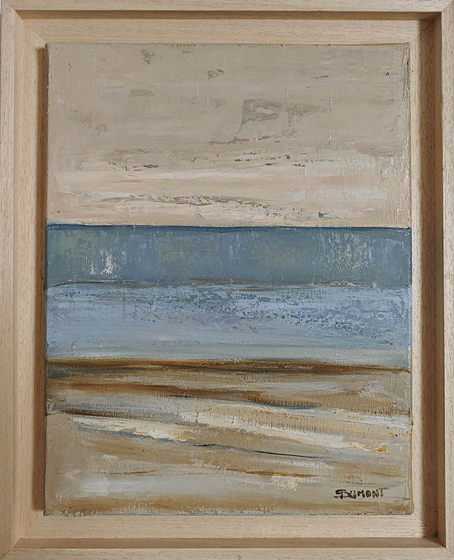 Entre deux champs encadré en bois naturel, peinture abstraite sur le theme ciel et lmer de Sophie Dumont