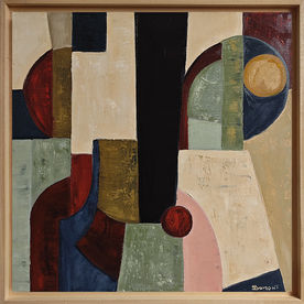 Le Passage de Sophie Dumont, peinture abstraite géométrique à l'huile sur toile, composée de formes architecturées rouges, vertes, noires et ivoire, format 50 x 50 cm.