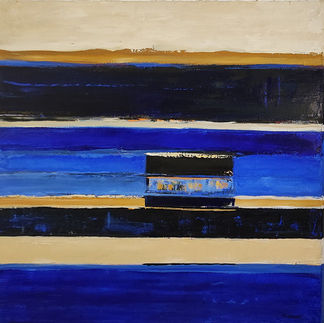 In "Vestige d'Horizon", Sophie Dumont delivers a work where abstraction becomes a space for contemplation, an invitation to navigate between the layers of a fragmented and sublimated reality. On this 80 x 80 cm canvas, the artist deploys a palette dominated by intense blues, ochres and deep blacks, structured in horizontal bands that evoke both stability and infinity.

The horizon, the central notion of the work, is hidden and recomposed according to the contrasts of hues and textures. The superimposed layers and chromatic ruptures give the impression of a landscape that does not belong to any specific place, but rather to a collective, universal memory. The title, "Vestige d'Horizon", suggests that this horizon is not only a border between sky and earth, but a memory, a trace left by time and space.

The horizontal, almost architectural lines structure the work while leaving room for subtle irregularities. These details bear witness to the artist's hand and remind us that, behind the apparent rigor, emotion surfaces. The variations in the thickness of the pictorial material add a tangible, almost tactile depth to the composition. The omnipresent blue oscillates between calm and dramatic intensity, while the ochre and sandy nuances anchor the work in an earthly warmth.

Dumont's approach in this painting reflects a search for balance between abstraction and evocation. The work does not simply represent; it suggests, it questions. What remains of a horizon when the gaze no longer seeks to grasp it in its entirety, but to capture its essence? Here, the horizon becomes a metaphor: an elusive limit, a vestige of a once palpable reality.

"Vestige d’Horizon" is in line with the works of Rothko or Nicolas de Staël, but with a sensitivity specific to Dumont, marked by his exploration of the play of light and texture. This canvas transcends the landscape to immerse us in a visual meditation, where each viewer is invited to project their own memories and emotions.

In short, this work is a success of lyrical abstraction. It demonstrates Sophie Dumont's ability to capture the immaterial and transform a simple surface into a space of escape and deep reflection. "Vestige d’Horizon" is not just a painting: it is a passage towards the intangible.