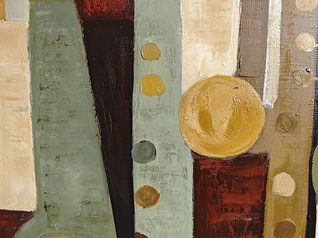 Thumbnail: Partition - toile géométrique de Sophie Dumont représentant une composition  de formes colorées vert sauge, ocre, blanc